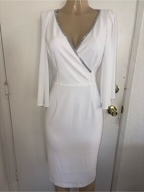 Joseph Ribkoff White V-Neck Sheath Dress with Silver Trim